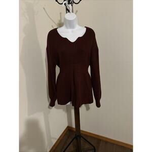 Hotouch Women’s Burgundy Knit Sweater, Scallop V-Neckline, Size Medium